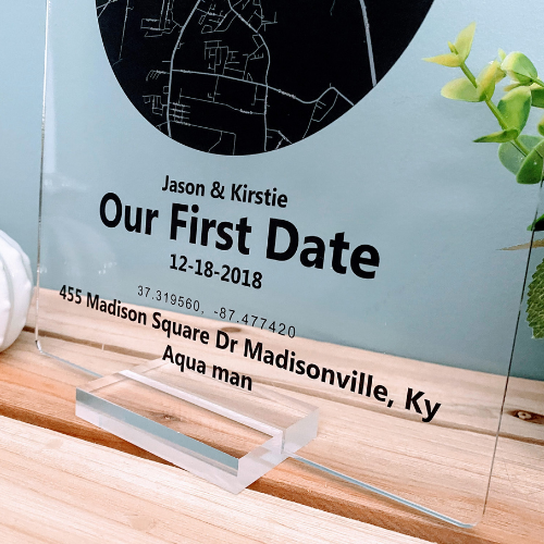 Personalised 'Our First Date' Map Location Acrylic Plaque On Stand